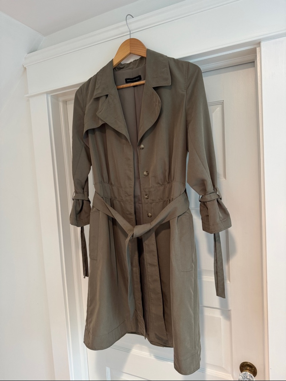 Olive Green Women's Trench Coat with Belt - Picture 3 of 4